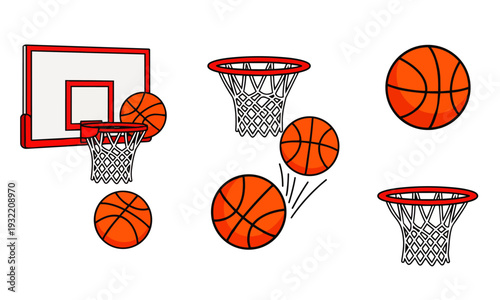 Basketball Hoop and Ball Illustration Set – Rim, Net and Backboard Vector Collection
