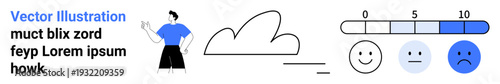 Feedback, emotions, satisfaction levels, communication, cloud services, customer reviews. Illustrated person, cloud satisfaction scale text placeholders. Feedback and emotions conceptual visuals