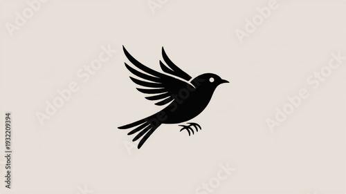 Black bird in flight on beige background with white space symbolizing freedom and nature