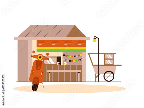 A traditional Indonesian food stall known locally as warung. Indonesian market illustrations. Flat vector concept.