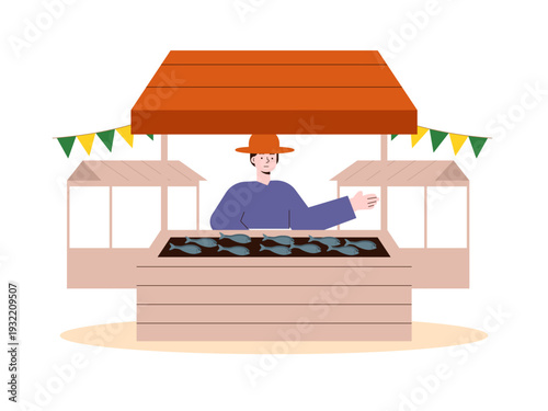  A fishmonger selling fish at a market stall. Indonesian market illustrations. Flat vector concept.