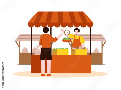 A market stall or grocery store setting where a vendor is selling fresh produce to a customer. Indonesian market illustrations. Flat vector concept.