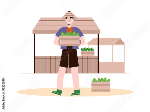 A cheerful male farmer selling fresh vegetables at a local farm market stall. Indonesian market illustrations. Flat vector concept.