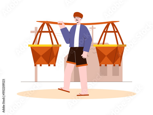 A male vendor selling traditional street food. Indonesian market illustrations. Flat vector concept.
