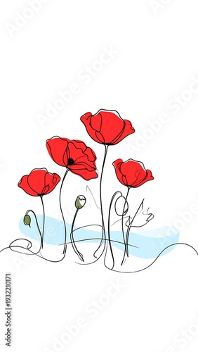 Simple line art illustration of red poppies on long, thin stems, with hints of blue underneath