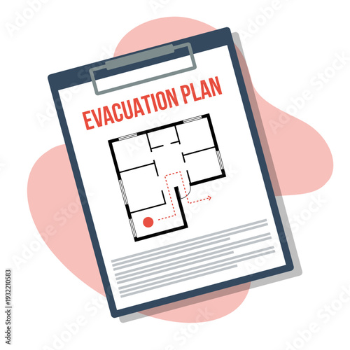evacuation plan in clipboard, vector flat illustration