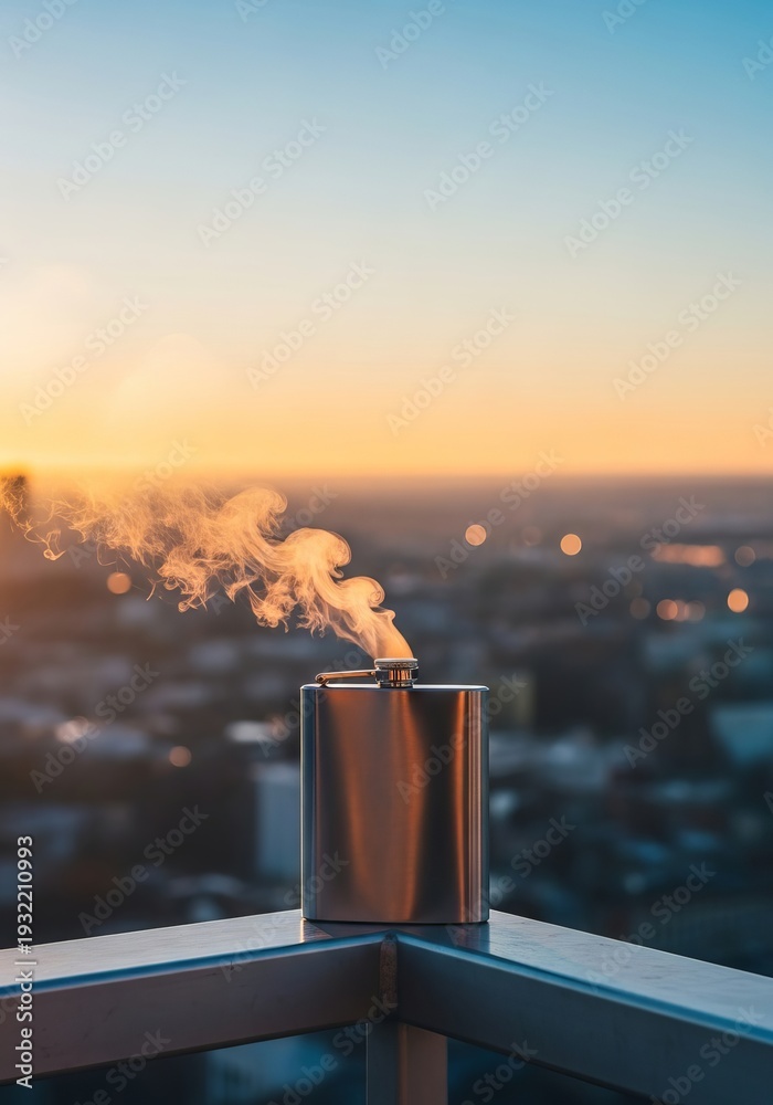 Fototapeta premium Steaming flask on an outdoor railing, capturing the serene start of a new day as the sun illuminates the distant city landscape, buildings, balcony, anticipation