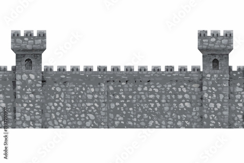 A gray stone castle wall with two towers and arched doorways