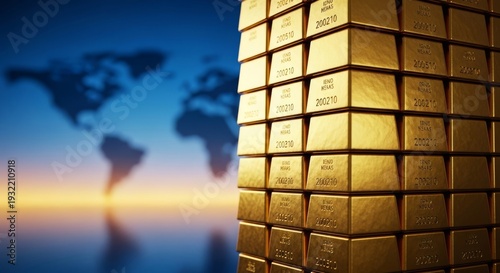 Stacked gold bars gleam against a blurred backdrop, symbolizing wealth and global financial markets. Ideal for economic news and investment, prosperity, news, investments