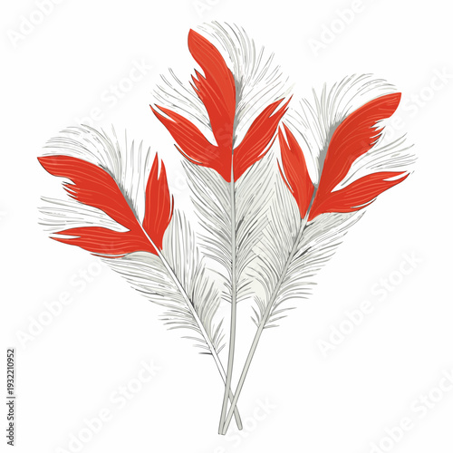 Stylized illustration of red and grey feathers on a white background