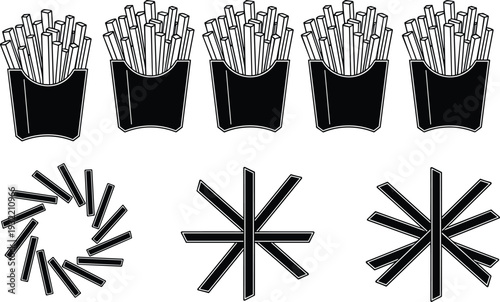 Black and white vector illustration set featuring five french fry cartons and three abstract geometric potato chip snack star patterns.