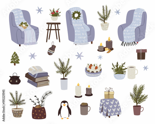 Festive illustration showcasing cozy armchairs plants and winter decor items