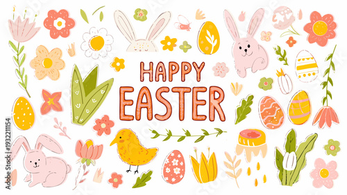 A cheerful easter illustration with bunnies chicks eggs and floral elements