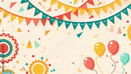 Festive background with colorful bunting balloons and confetti decorations