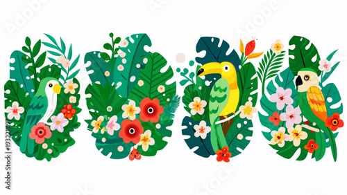 Tropical parrots and lush foliage in a vibrant decorative illustration