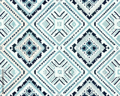Abstract geometric pattern with repeating squares and blue teal hues
