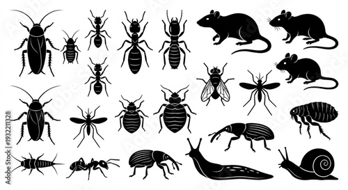 Collection of Silhouette Insects, Pests, and Small Animals on a White Background
