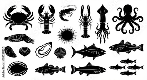 Collection of Seafood Icons Crab, Lobster, Shrimp, Squid, Octopus, Fish, Shellfish, and More
