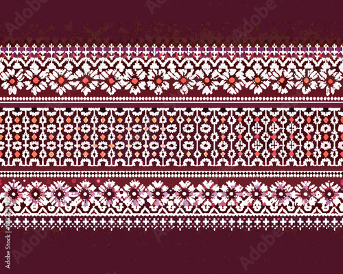 Intricate red and white geometric pattern resembling woven textile art