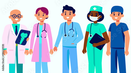 Diverse group of healthcare professionals smiling and standing together