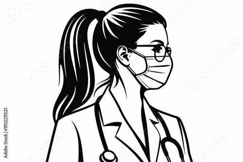 Stylized illustration of a woman wearing a mask and stethoscope