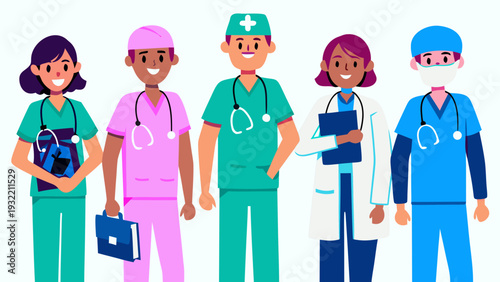 Diverse group of healthcare workers smiling and standing in a row