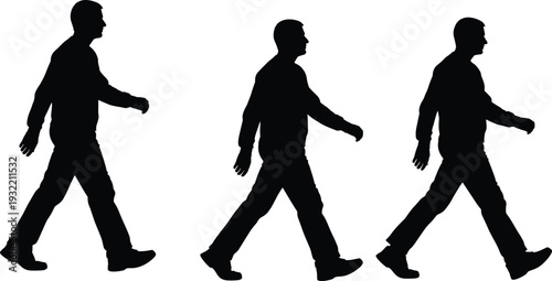 Black silhouette set of a middle-aged man walking in different sequences on white background, man walking illustration, male vector figures.