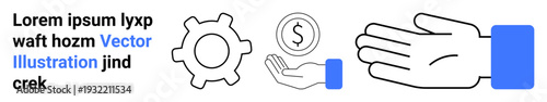 Business process, monetary exchange, teamwork efficiency, finance, economic concept, fund transfer. A gear, hand with a coin and open hand visually . Business process and monetary exchange concept