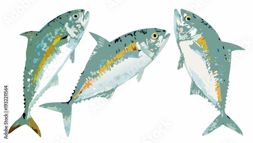 Three stylized mackerel fish swim in a dynamic artistic arrangement