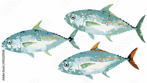 Stylized illustration of three tuna fish swimming in a group