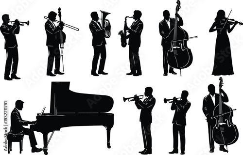 Elegant Jazz and Classical Music Silhouette Set Featuring Piano, Brass, Woodwind, and String Instrument Musicians for Sophisticated Graphic Design Projects
