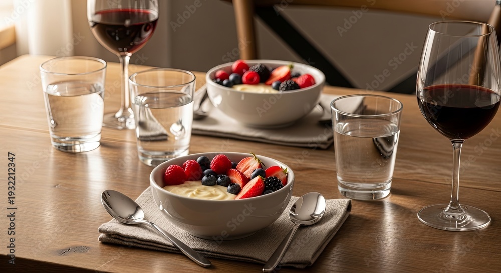 Naklejka premium Two bowls of oatmeal with fresh berries and drinks on a wooden table.
