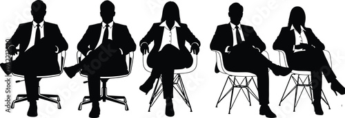 Group of Professional Business Executives in Suits Sitting in Modern Office Chairs Silhouette Isolated on White Background for Corporate Leadership
