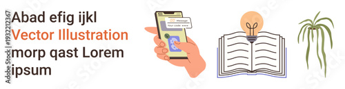 Financial technology, learning resources, innovation, eco-conscious living, energy solutions, communication. A hand holds a phone, an open book with a lightbulb and a plant. Financial technology