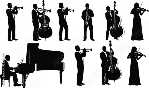 Musician silhouette collection featuring jazz band performers playing grand piano double bass trumpet saxophone and violin for elegant musical event design.