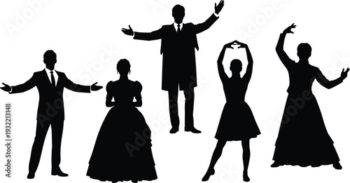 Silhouettes of Elegant People in Formal Suits and Victorian Dresses Performing on Stage for Theater Opera and Classical Dance Performance