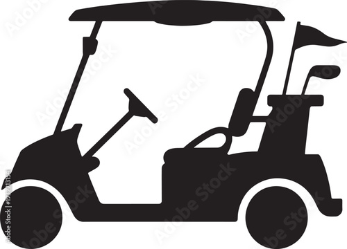 Black silhouette of a golf cart with clubs and flags black and white golf clubs