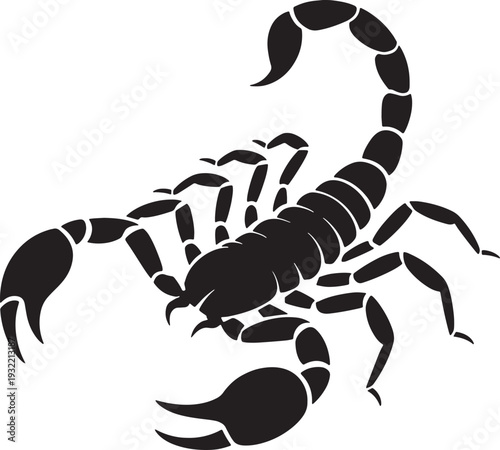 Black silhouette of a scorpion with raised tail and claws on a white background animal