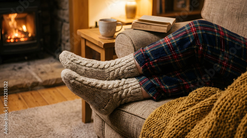 Cozy Winter Relaxation at Home with Person Wearing Warm Wool Socks by Fireplace, Hygge Lifestyle Concept