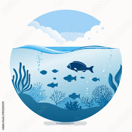 Harmonious aquatic ecosystem illustration featuring diverse marine life within a glass bowl under a serene sky