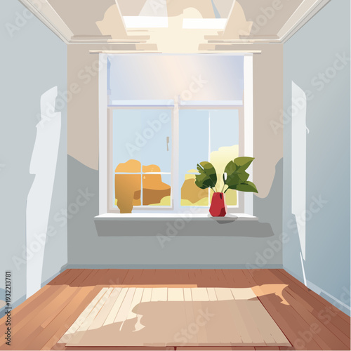 Brightly Lit Room with Large Window and Potted Plant