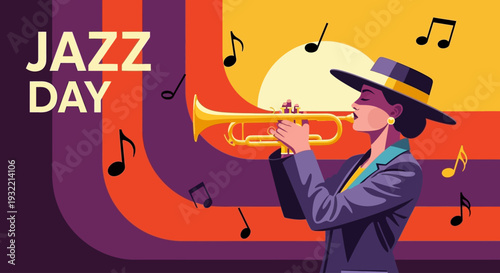 International Jazz Day Female Trumpet Player Flat Vector Poster