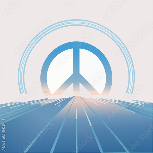 Peace Symbol with Abstract Sun and Futuristic Road Graphic