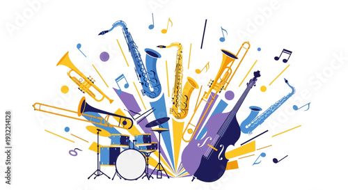 Dynamic Jazz Instruments Composition Flat Vector Design