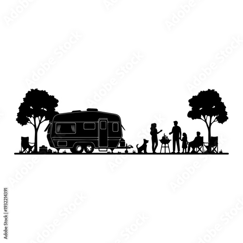 Family Camping Caravan Silhouette Outdoor Travel Vector Illustration