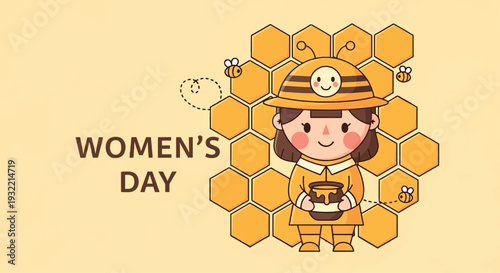 Womens Day Illustration Featuring a Cute Beekeeper and Honey Theme