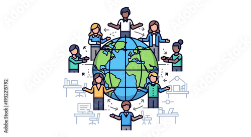 Diverse group of people around a globe representing global cooperation