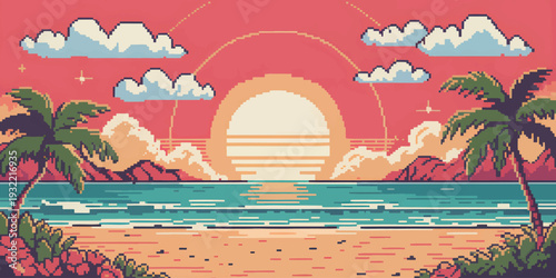 Beach Sunset with Retro Style Pixel Clouds Illustration