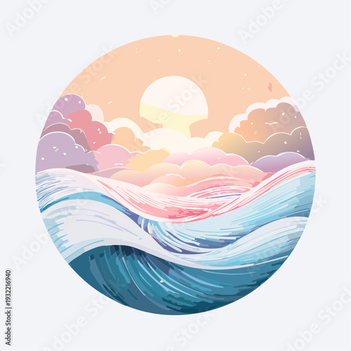 Vibrant ocean scene with soft clouds and sun, a peaceful graphic concept for mindful tranquility