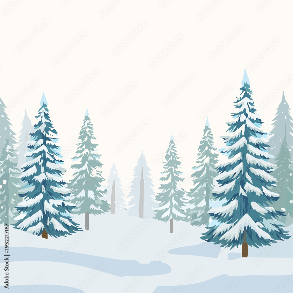 Obraz premium Winter landscape illustration with snow-covered pine trees and gentle hills